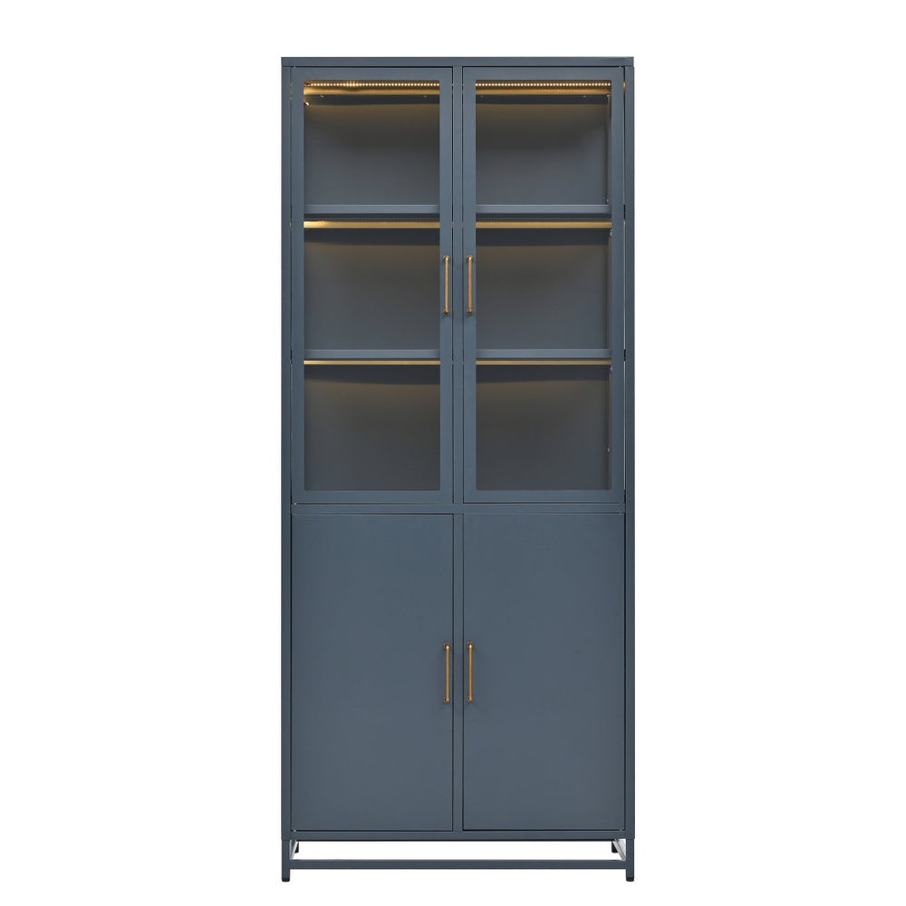 English Elm 76.75'' Steel Curio Cabinet with Led Lights Tempered Glass Doors Vintage Brass Handles SN845P282833C_R