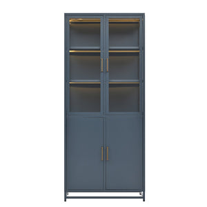 English Elm 76.75'' Steel Curio Cabinet with Led Lights Tempered Glass Doors Vintage Brass Handles SN845P282833C_R