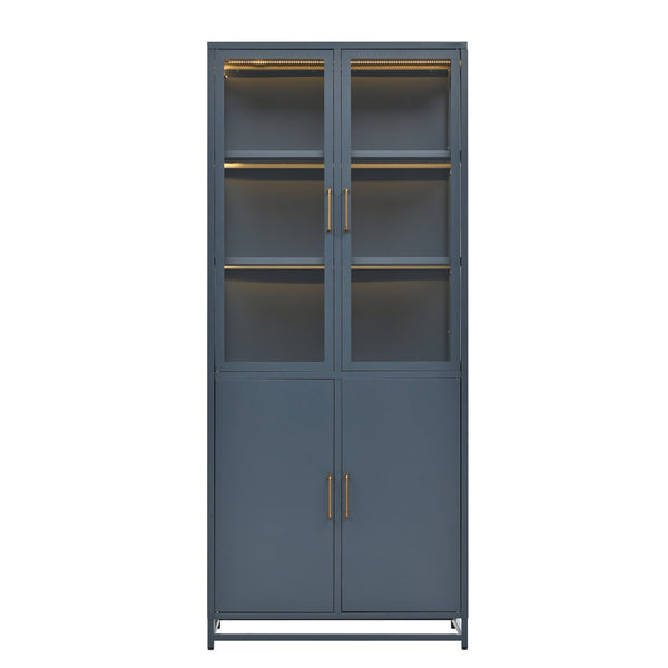 English Elm 76.75'' Steel Curio Cabinet with Led Lights Tempered Glass Doors Vintage Brass Handles SN845P282833C_R