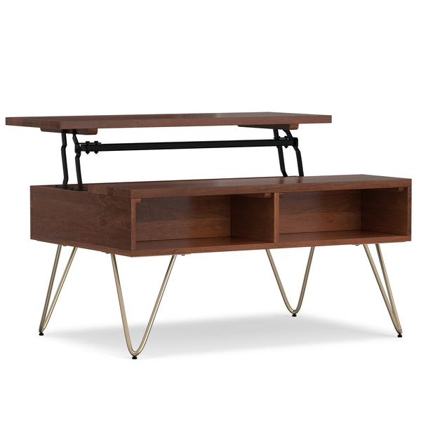 English Elm Hunter Lift-Top Coffee Table - Handcrafted Umber Brown & Gold Metal, Versatile Storage Solution For Any Space B136P158745