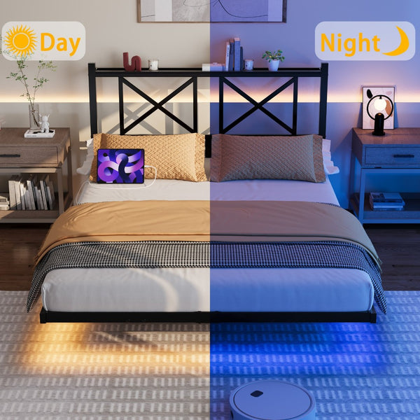 English Elm Full Size Floating Platform Bed with Led Underglow Usb Charging and Storage Headboard W840P383353