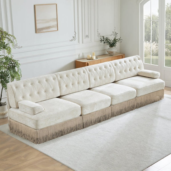English Elm 135" Modular Chesterfield Sectional Velvet Tufted Sofa with Tassel Skirt for Lounge Rooms Beige W714S01688