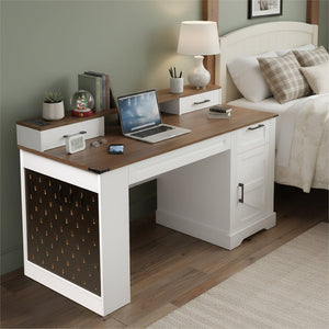 English Elm 55" Farmhouse Writing Desk with Cabinet Charging Station Pegboard and Monitor Stand White W2917S00008