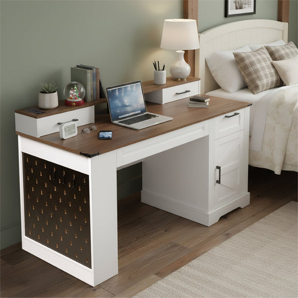 English Elm 55" Farmhouse Writing Desk with Cabinet Charging Station Pegboard and Monitor Stand White W2917S00008