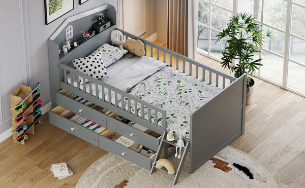 English Elm Twin Bed Frame with Storage Drawers and House Headboard, Kids Platform Bed with Guardrail Ladder and Shelf Gray 49.3 L x 16.25 W x 7.75 H N733S278032E