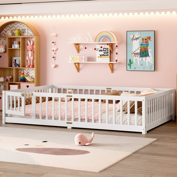 English Elm Queen Kids Floor Bed with Safety Guardrails and Door for Independent Sleep, Pine Frame, 82.7"x62.6" White W1580P338953