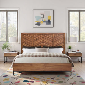 English Elm Astoria King Bed Acacia Wood Chevron Headboard with Usb Ports and Metal Legs B108S00048