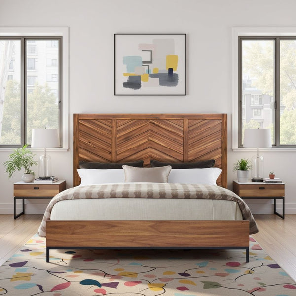 English Elm Astoria King Bed Acacia Wood Chevron Headboard with Usb Ports and Metal Legs B108S00048