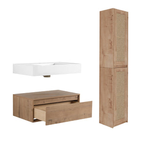 English Elm 30 Inch Wall-Mounted Bathroom Vanity With Resin Sink & Soft Close Drawers - Modern Storage Solution W999S00354