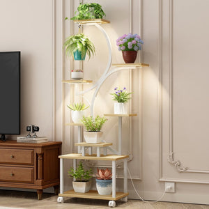 English Elm Plant Stand with Full Spectrum Grow Lights 8 Tier S Shaped Iron Corner Display Rack White+Natural W2641P446508