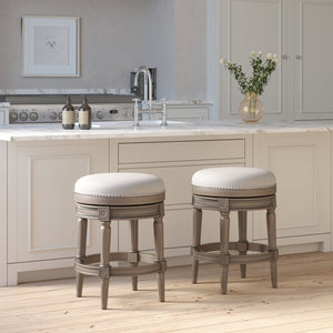 English Elm 26in. Faux Leather Swivel Barstool Nailhead Trim Carved Wood Counter Height Kitchen Gray B2751P436440