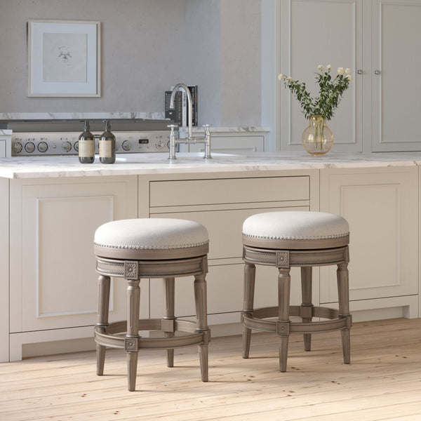 English Elm 26in. Faux Leather Swivel Barstool Nailhead Trim Carved Wood Counter Height Kitchen Gray B2751P436440