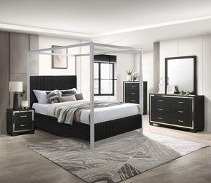 English Elm 1pc Modern Queen LED Faux Leather Upholstery Panel Bed with Tufted Headboard, Textured Footboard Glam Finish Black 79.5 L x 43.5 W x 3 H B2741S00539