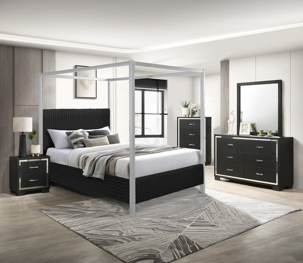 English Elm 1pc Modern Queen LED Faux Leather Upholstery Panel Bed with Tufted Headboard, Textured Footboard Glam Finish Black 79.5 L x 43.5 W x 3 H B2741S00539