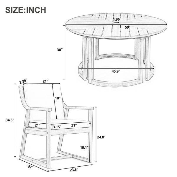 English Elm Trexm Outdoor Acacia Wood Round Dining Set Seats Six with Cushioned Chairs and Umbrella Hole Mocha TM000027AAP