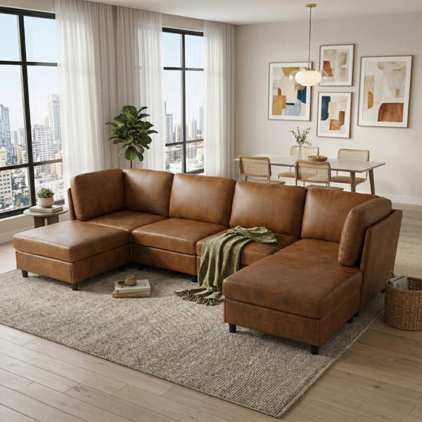 English Elm Modern Configurable Sectional Sofa Foil Fabric Low Profile Living Room Seating Light Brown W5568S00052