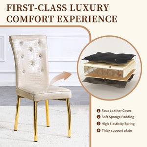 English Elm A Set of 2 Crystal Button Faux Leather Dining Chairs with Embossed Croc Texture Beige,Gold W3226P340253