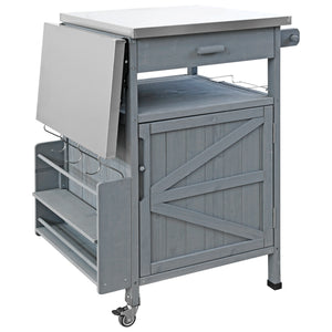 English Elm K&K 40.5" Outdoor Grill Cart with 201 Stainless Top, Solid Fir Storage, Drop Leaf & Lockable Wheels Blue+Grey N707P228272G