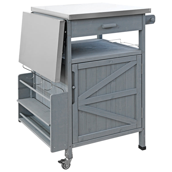 English Elm K&K 40.5" Outdoor Grill Cart with 201 Stainless Top, Solid Fir Storage, Drop Leaf & Lockable Wheels Blue+Grey N707P228272G
