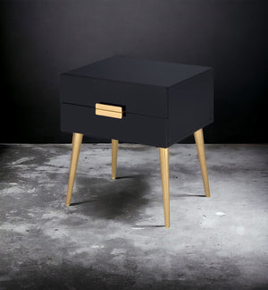 English Elm Denvor Two Drawer End Table with Gold Tapered Legs and Glossy Black Top B2726P445302
