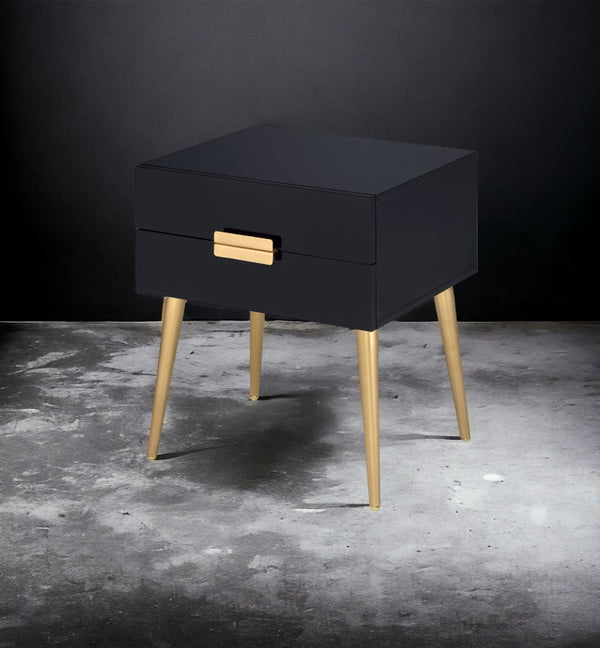 English Elm Denvor Two Drawer End Table with Gold Tapered Legs and Glossy Black Top B2726P445302