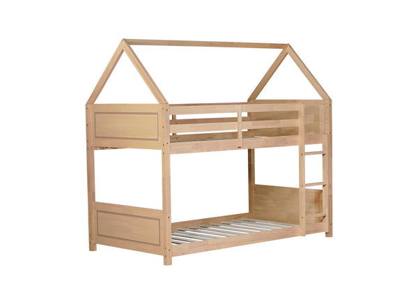 English Elm Twin House Floor Bunk Bed With Guardrails & Ladder - Solid Rubberwood, White Oak Finish, Ideal For Kids W504P227942-GIGA