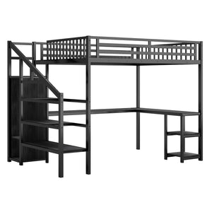 English Elm Metal Queen Loft Bed with Wardrobe, LED Light, L-Shaped Desk and USB Ports for Space-Saving Rooms Black 65.75 L x 17.52 W x 6.3 H W2593S00043