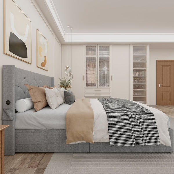 English Elm Full Size bed frame with gas lift storage, modern wingback channel headboard, USB ports included Light Gray W1960P176241