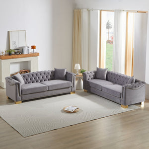 English Elm 3-seater Modular Chesterfield Velvet Sofa Tufted Gold Stud Detail for Elegant Living Rooms Grey W1926S00101