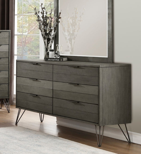 English Elm Contemporary Solid Acacia Six Drawer Dresser with Slat Panels and Metal Legs B011P446664