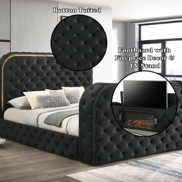 English Elm Black Velvet Tufted Queen Bed with Led Lighting Fireplace and Motorized Tv Lift B2756S00009