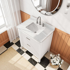 English Elm Fully Assembled 30 Inch Bathroom Vanity Solid Rubberwood Cabinet Carrara Marble Top W1826P439632