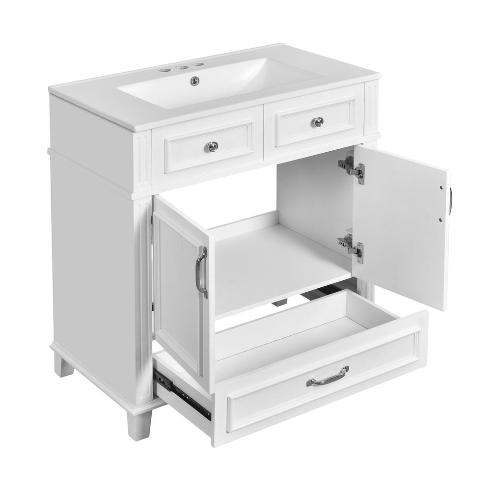 English Elm 30'' Bathroom Vanity with Sink - Retro Solid Wood Frame, Ceramic Basin, Soft-Close Doors & Ample Storage White N710P190656K