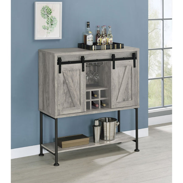 English Elm Hovander Farmhouse Bar Cabinet with Sliding Barn Doors Wine Storage and Gunmetal Legs B062P441038