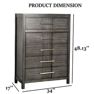 English Elm Transitional Solid Wood Chest with Five Smooth Glide Drawers, Felt-Lined Top, Timeless Design Gray 37 L x 20 W x 53 H B2741P368920