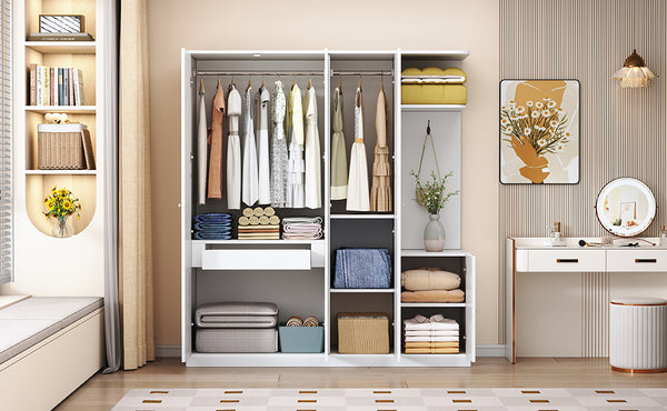 English Elm 4-Door Wardrobe with Full-Length Mirror, Dust-Proof Compartments, Shoe Door & Anti-Tip Safety Features White N820S00056K