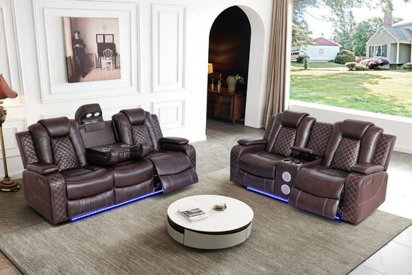 English Elm Violetglow Reclining Sofa with Led Lighting Wireless Charging and Bluetooth Speakers Brown B2730S00033