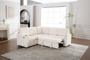 English Elm Sectional Corduroy Sleeper Sofa with Storage and Charging Ports for Small Spaces White W1361S00075