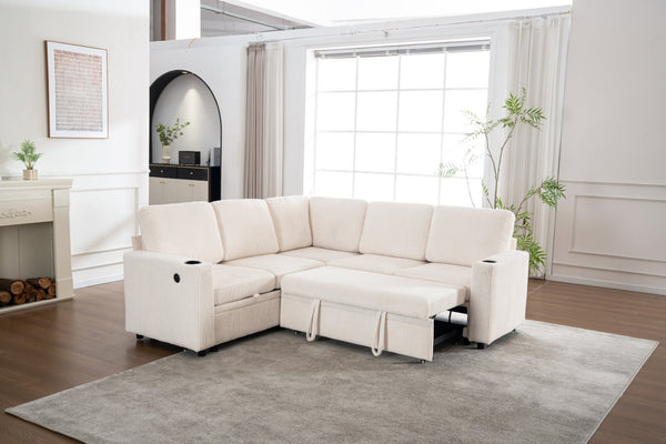 English Elm Sectional Corduroy Sleeper Sofa with Storage and Charging Ports for Small Spaces White W1361S00075