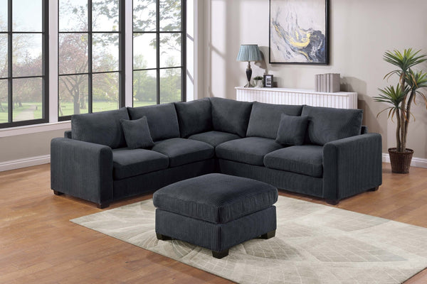 English Elm 4pc Corduroy Sectional Sofa Set with Ottoman Corner Wedge and Low-profile Modern Legs Black B011S02227