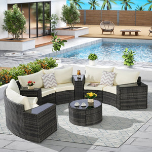 English Elm Outdoor Half Moon Sectional Sofa Set with Woven Rattan Frame and Tempered Glass Table Beige W874S00048