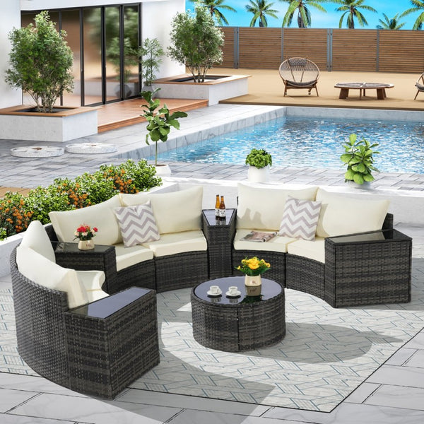 English Elm Outdoor Half Moon Sectional Sofa Set with Woven Rattan Frame and Tempered Glass Table Beige W874S00048