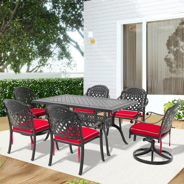English Elm 7-piece Cast Aluminum Outdoor Dining Set with Swivel Chairs and Ornate Relief Detail W1710S00578