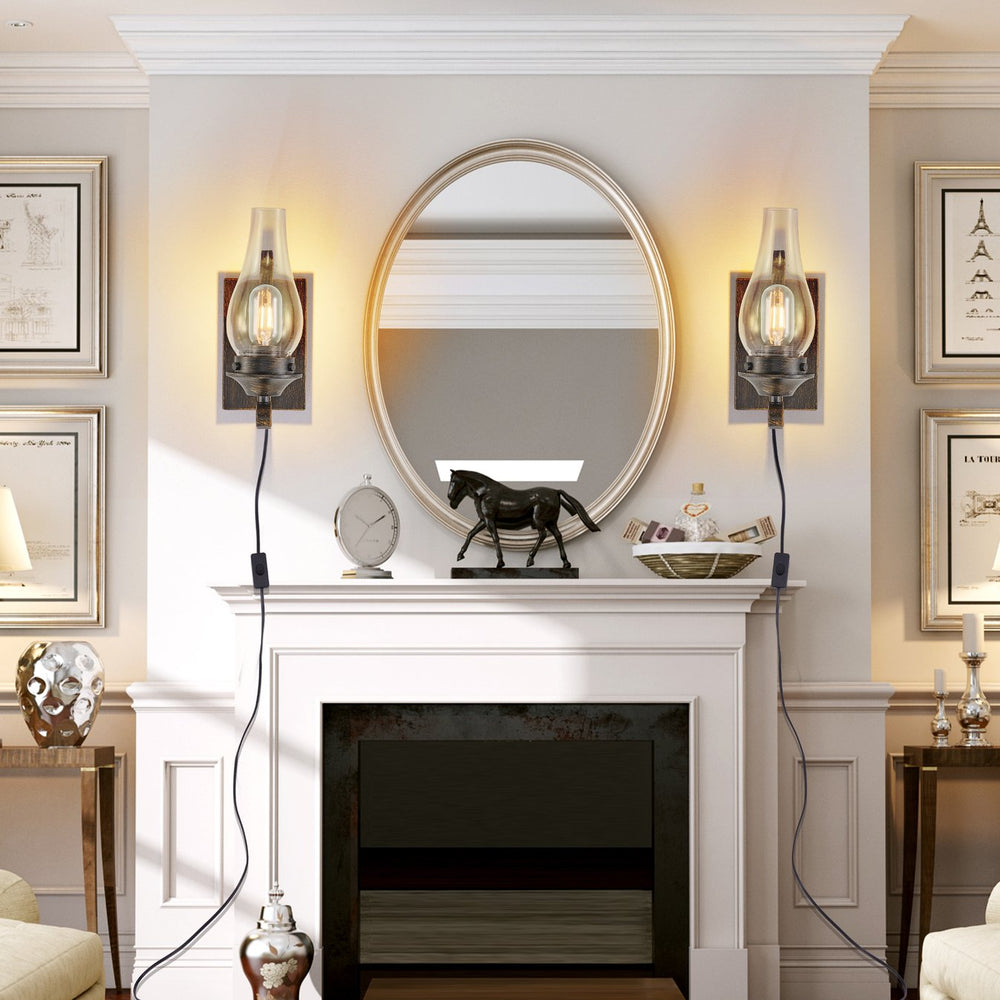 English Elm (Only Supports Plug-In) Rustic Farmhouse Wall Sconces Set Of 2 - Vintage Industrial Lighting, Black & Gold W2312P374835