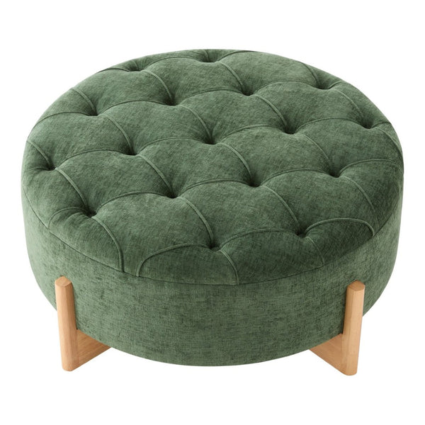 English Elm 32" Round Chenille Ottoman Tufted Footrest with Rubberwood Legs for Living Room Green N723P405298G