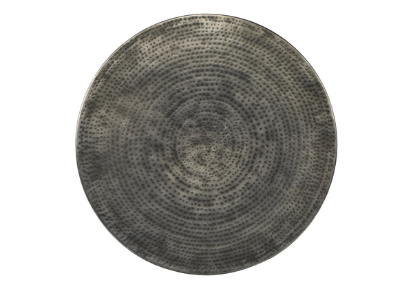 English Elm Accent Drum End Table with Hammered Metal Finish — 22" Handcrafted Cone Shape for Chic Living Spaces Silver 23 L x 23 W x 26 H B2710P219456