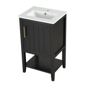 English Elm 20" Matte Freestanding Bathroom Vanity Rubberwood Cabinet Ceramic Sink Open Shelf Black N725P391115B