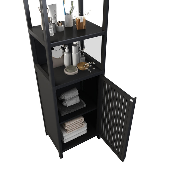 English Elm BLACK Bamboo Tall Slim Cabinet with Shutter Door, 3-Tier Freestanding Linen Tower for Kitchen Bath 39x18x9" W2207P272658