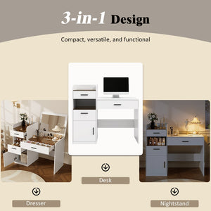 English Elm 3-in-1 Vanity Desk Flip Mirror Glass Top Hidden Storage Compact White Bedroom N704P391337K