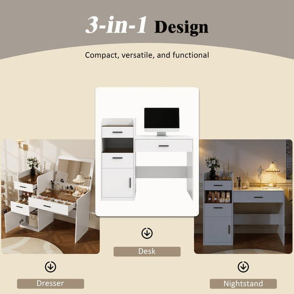 English Elm 3-in-1 Vanity Desk Flip Mirror Glass Top Hidden Storage Compact White Bedroom N704P391337K